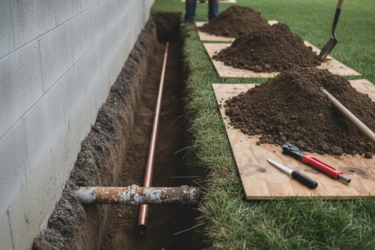 Excavated water line trench during Sewer Line Repair in Plymouth Meeting